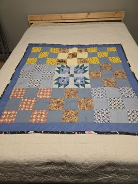 Handmade Patchwork Quilt - Blue, Yellow, Red, Green Accents